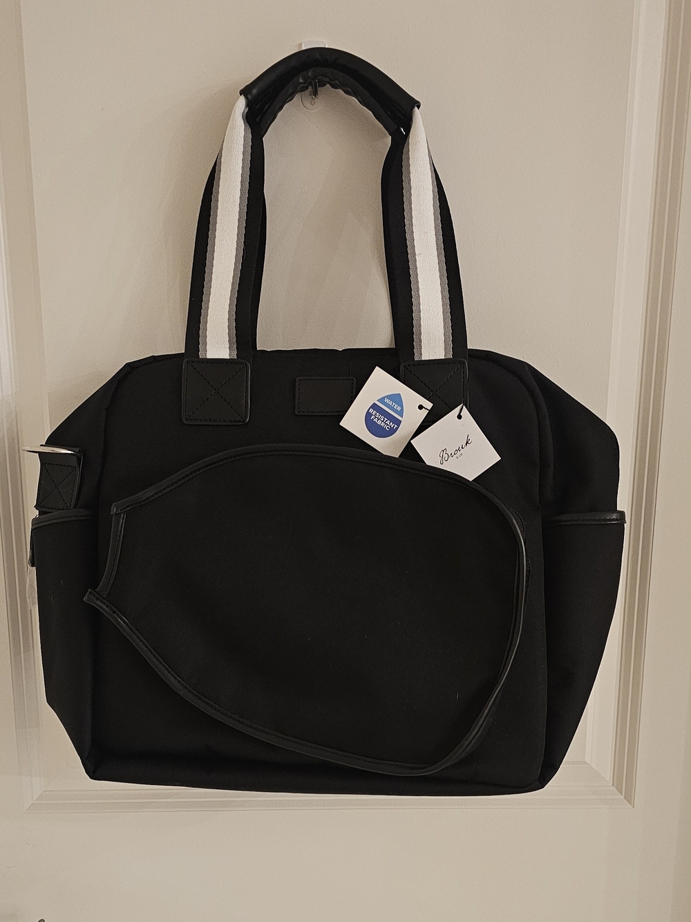 Black Duffel Tote with Contrast White-Striped Handles